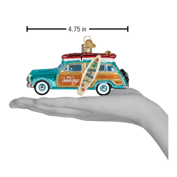 Teal and orange vintage surf wagon ornament with white surfboard and catch the wave text beach boys ornament
