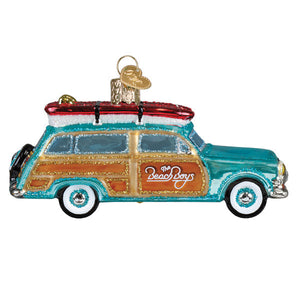 Teal and gold glittery glass station wagon ornament with the beach boys logo perfect as a beach boys album ornament