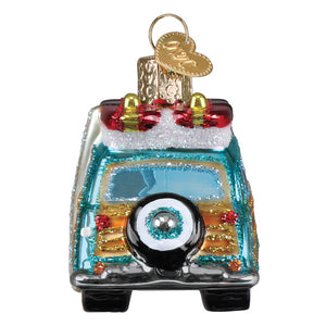 A vibrant turquoise and gold vintage glass car ornament with glittery details and a golden heart tag beach boys ornament