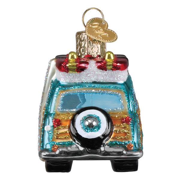 A vibrant turquoise and gold vintage glass car ornament with glittery details and a golden heart tag beach boys ornament