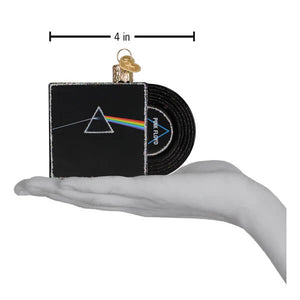 Black glass the dark side of the moon ornament shaped like vinyl sleeve with prism rainbow and band name label