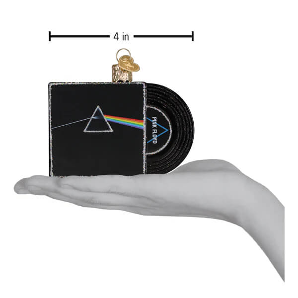 Black glass the dark side of the moon ornament shaped like vinyl sleeve with prism rainbow and band name label