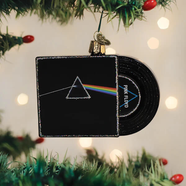 Black glass vinyl record ornament featuring the dark side of the moon album cover design perfect music ornament