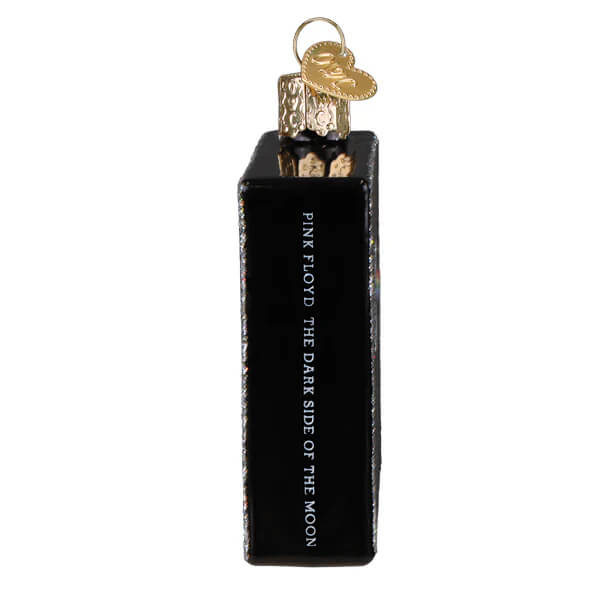 Black glass albumb ornament shaped like a record sleeve with gold foil lettering and a golden heart charm the dark side of the moon ornament