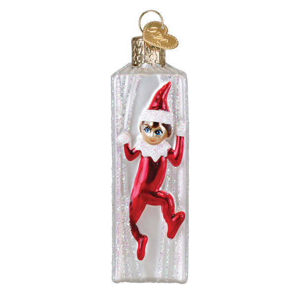 The elf on the shelf ornament featuring a red and white elf encased in clear textured glass with a gold loop perfect for world christmas and gnomes & elf ornaments collections