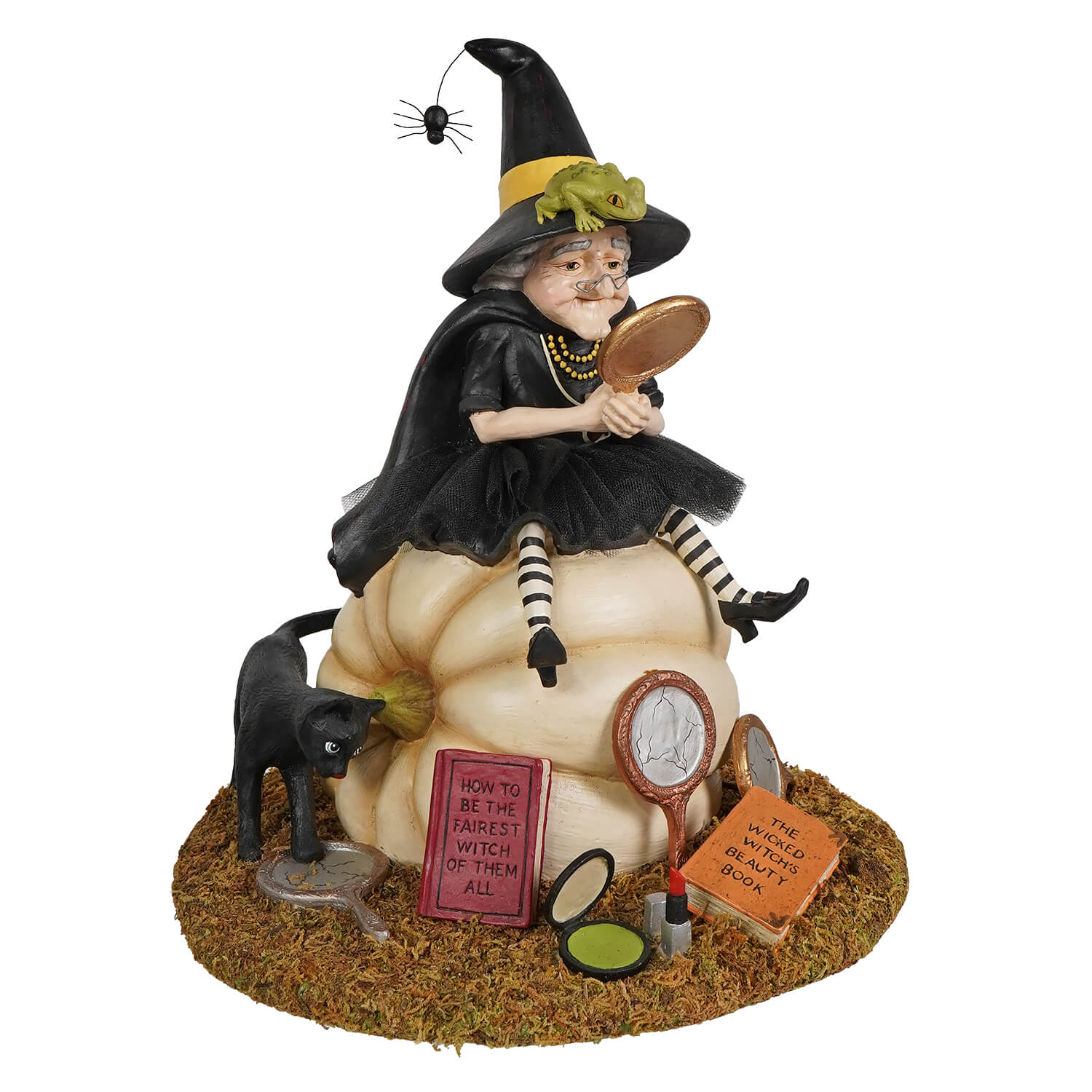 A whimsical fairest witch figurine by bethany lowe designs with a black hat, green frog, striped stockings, and halloween decor