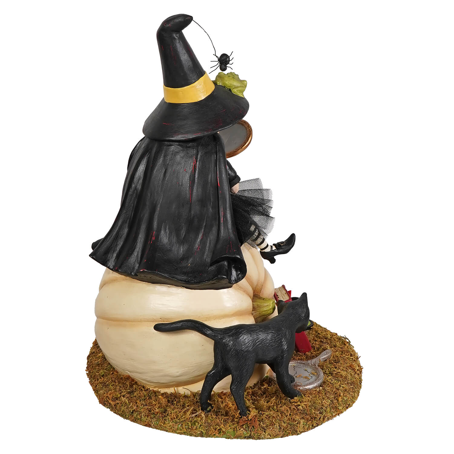 The fairest witch of them all figural decor by bethany lowe designs features a black witch with yellow trim on cream pumpkin