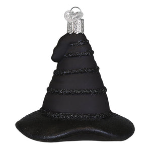 Black glass witch’s hat ornament with glittery bands and silver heart cap perfect for lighted figural decor