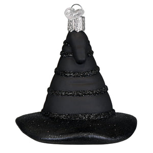 Black glass witch’s hat ornament with glittery bands and silver heart cap perfect for figural decor or lighted decor