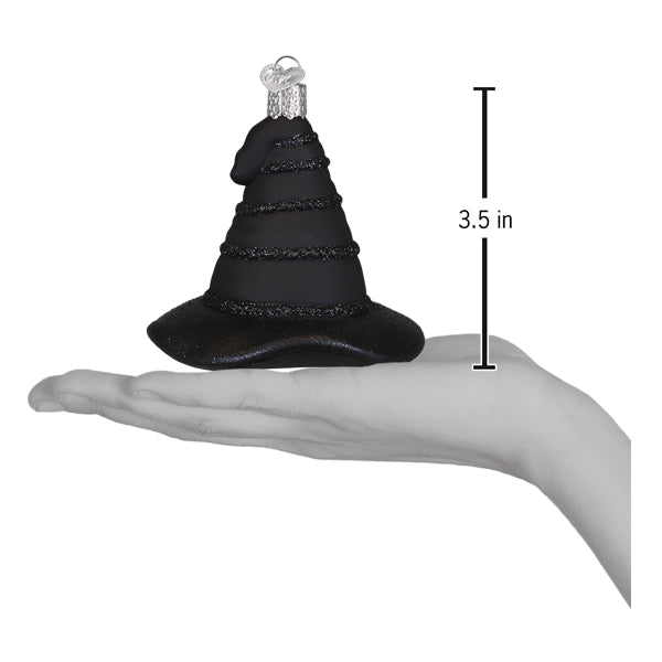 Black glass witch’s hat ornament with silver metallic trim and decorative top, perfect as lighted figural decor