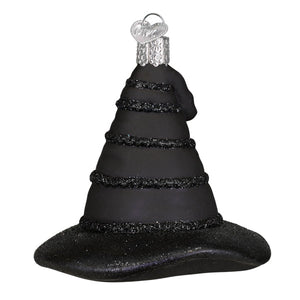 Black glass witch’s hat ornament with glittery bands and silver heart cap perfect as lighted figural decor