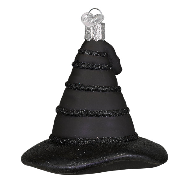 Black glass witch’s hat ornament with glittery bands and silver heart cap perfect as lighted figural decor