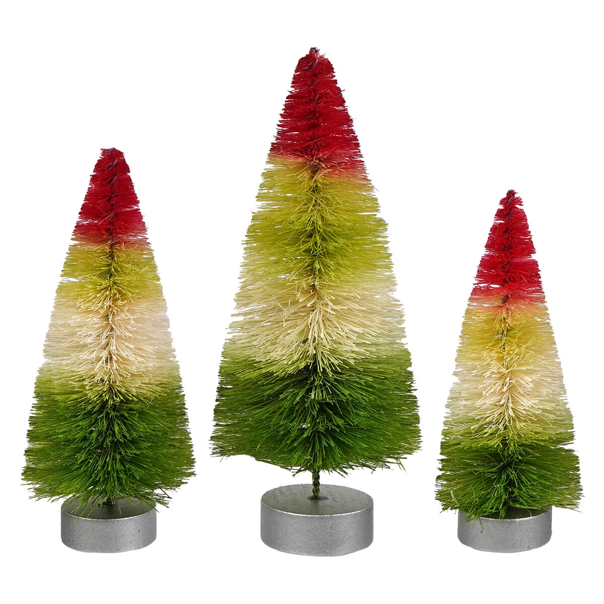 Three gradient jewel tide bottle brush trees set in red yellow green hues on metallic bases for holiday decor