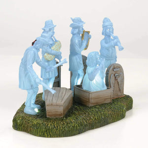Light blue translucent phantom five figurine set by department 56 showing a graveyard scene with musicians and coffin woman