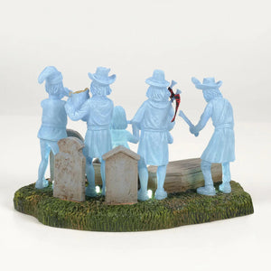 Light blue plastic phantom five figurine set by department 56 showing ghost cowboys around tombstones on grass base
