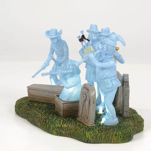 Translucent blue ghostly figures in cowboy and scottish attire stand around a coffin in department 56 phantom five