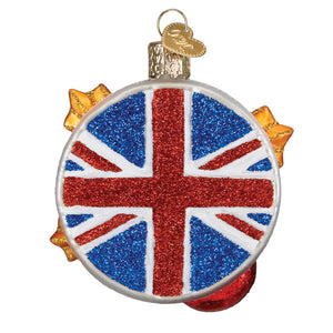 Glittery union jack rolling stones guitar ornament with gold star accents and metallic hanging loop figural decor
