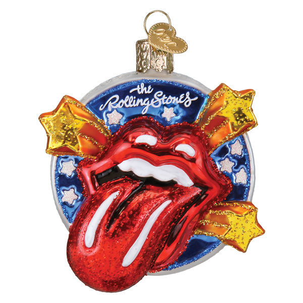 A vibrant red glittery glass rolling stones tongue ornament with gold stars silver rim perfect figural decor