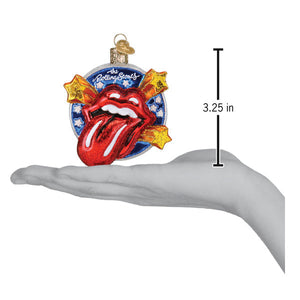 A glossy red rolling stones tongue ornament with gold stars on a blue and white star background figural decor