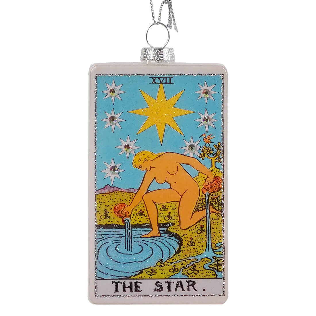 A rectangular glass christmas ornament featuring the star tarot card with golden star and blue sky by cody foster