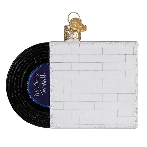 Glass vinyl record ornament with pink floyd the wall album cover and glittery white brick wall design music ornament