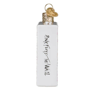 White rectangular glass music ornament with pink floyd the wall handwritten topped with gold cap and heart charm
