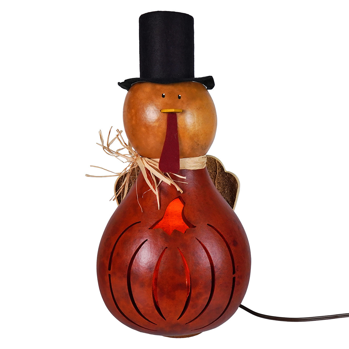 Theodore large lighted turkey gourd from meadowbrooke gourds featuring an illuminated natural gourd with top hat