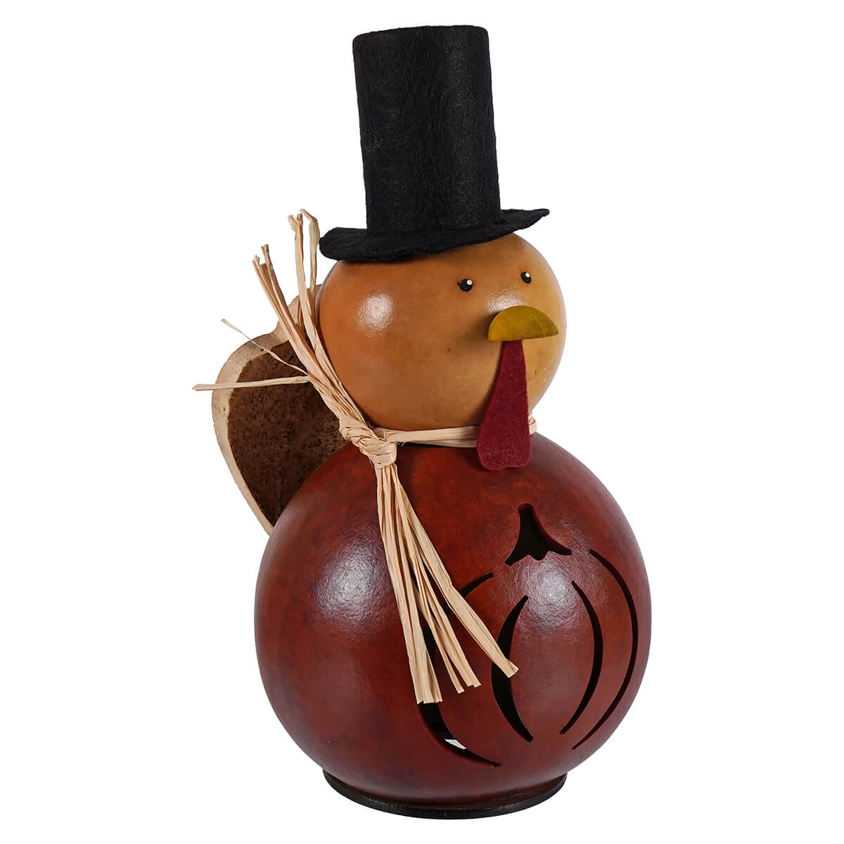Theodore miniature gourd turkey gourd with glossy amber body, black felt hat, red wattle, and carved pumpkin design by meadowbrooke gourds