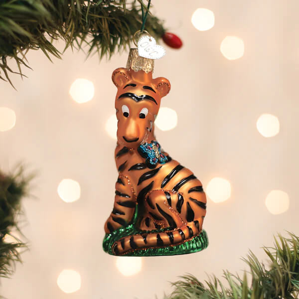 Ornamental glass tigger ornament tiger with orange black stripes blue glittery bowtie green base and gold cap perfect for whinnie the pooh ornament fans