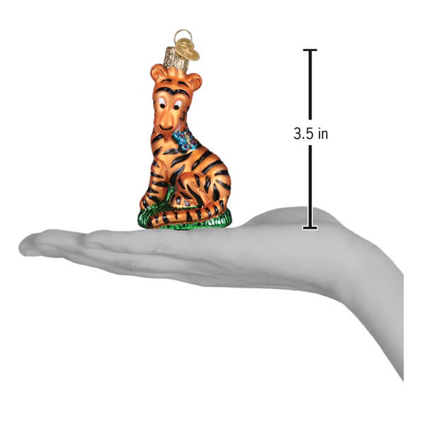 Ornamental glass tigger ornament tiger figurine with orange black stripes blue bow tie on green grass base