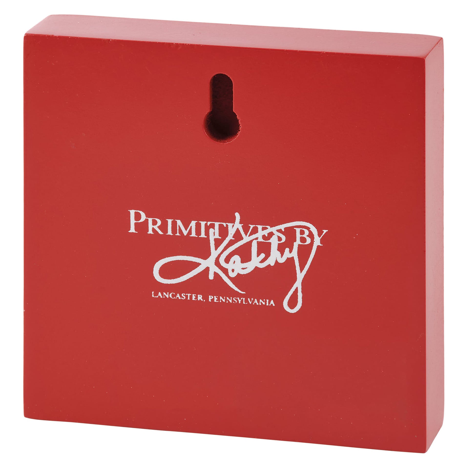 Red wooden vintage block sign with white primitives by kathy logo and lancaster pennsylvania text christmas vintage block
