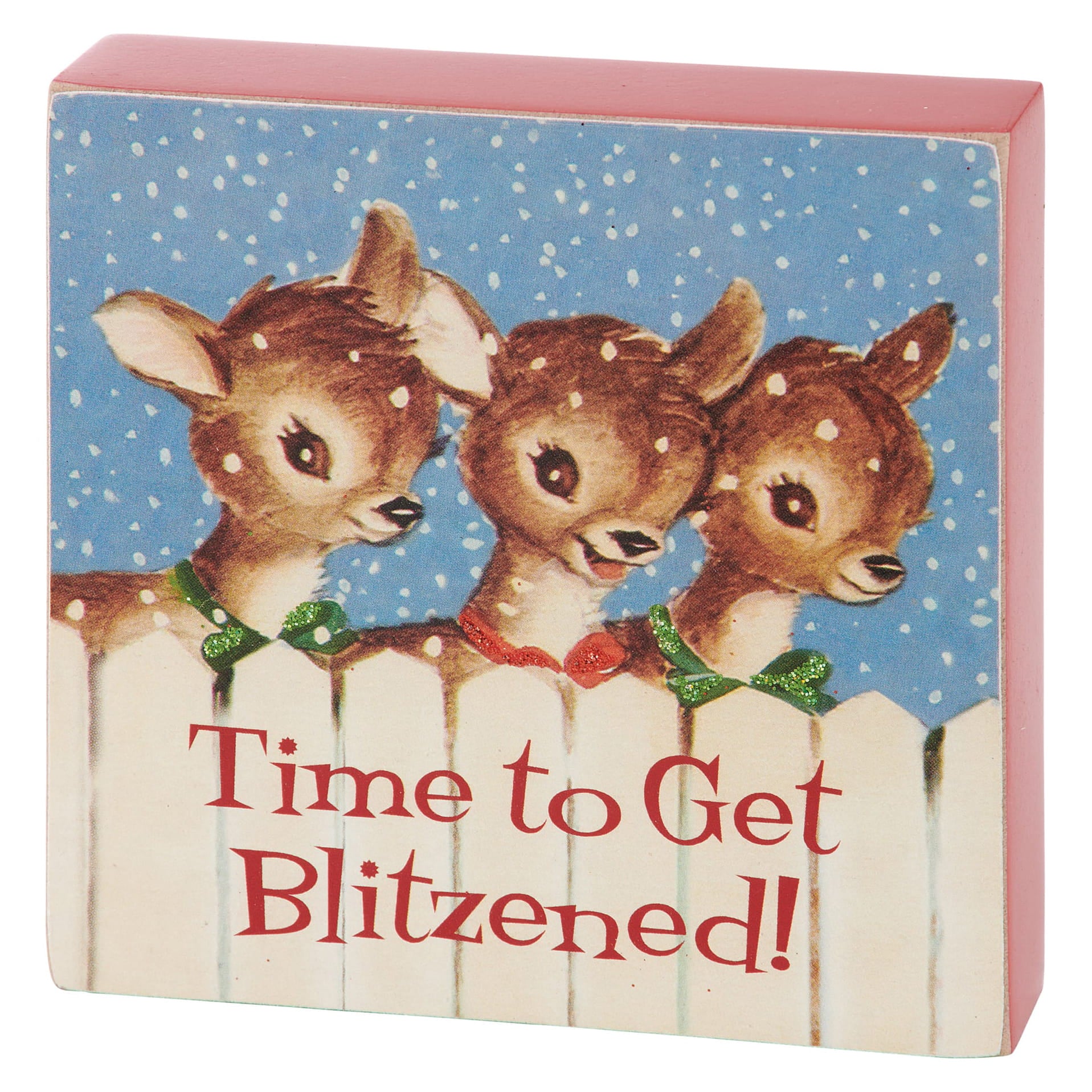 A charming pink wooden vintage block sign with three fawn deer and festive bows for merry christmas vintage decor