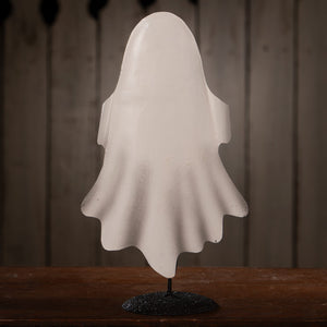 White ghost-shaped tin dancing boo figurine with smooth glossy finish perfect for halloween ghost figures decor and ornaments
