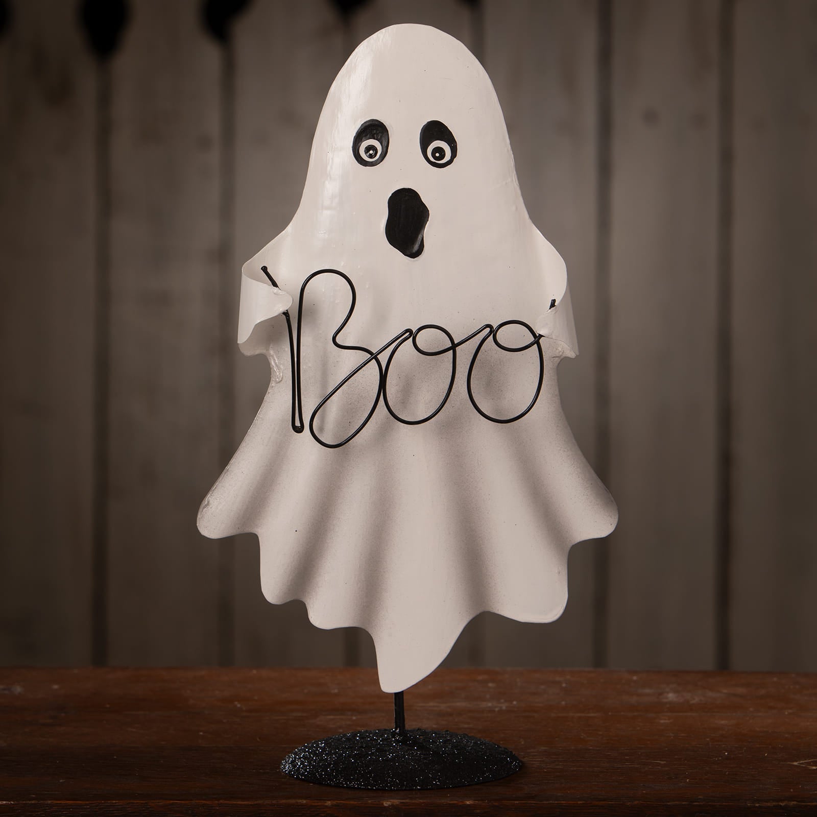 White tin dancing boo halloween ghost figures decor with black eyes mouth and wire formed boo lettering ornament