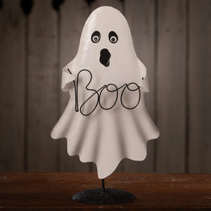 White tin dancing boo halloween ghost figures decor with black eyes mouth and wire formed boo lettering ornament