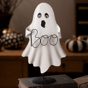 Tin dancing boo halloween ghost figures decor ornament with white tin ghost and wire lettering saying boo
