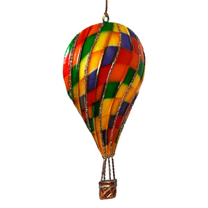 Tin multi color checkered hot air balloon ornament with glossy finish glittery gold stripes peacock hot air balloon style