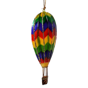 Tin multi color chevron hot air balloon ornament with rainbow zigzag pattern and gold glitter trim, glass peacock hot air balloon style
