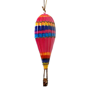 Tin multi color striped hot air balloon ornament with pink yellow blue orange stripes and gold glitter trim, peacock hot air balloon style