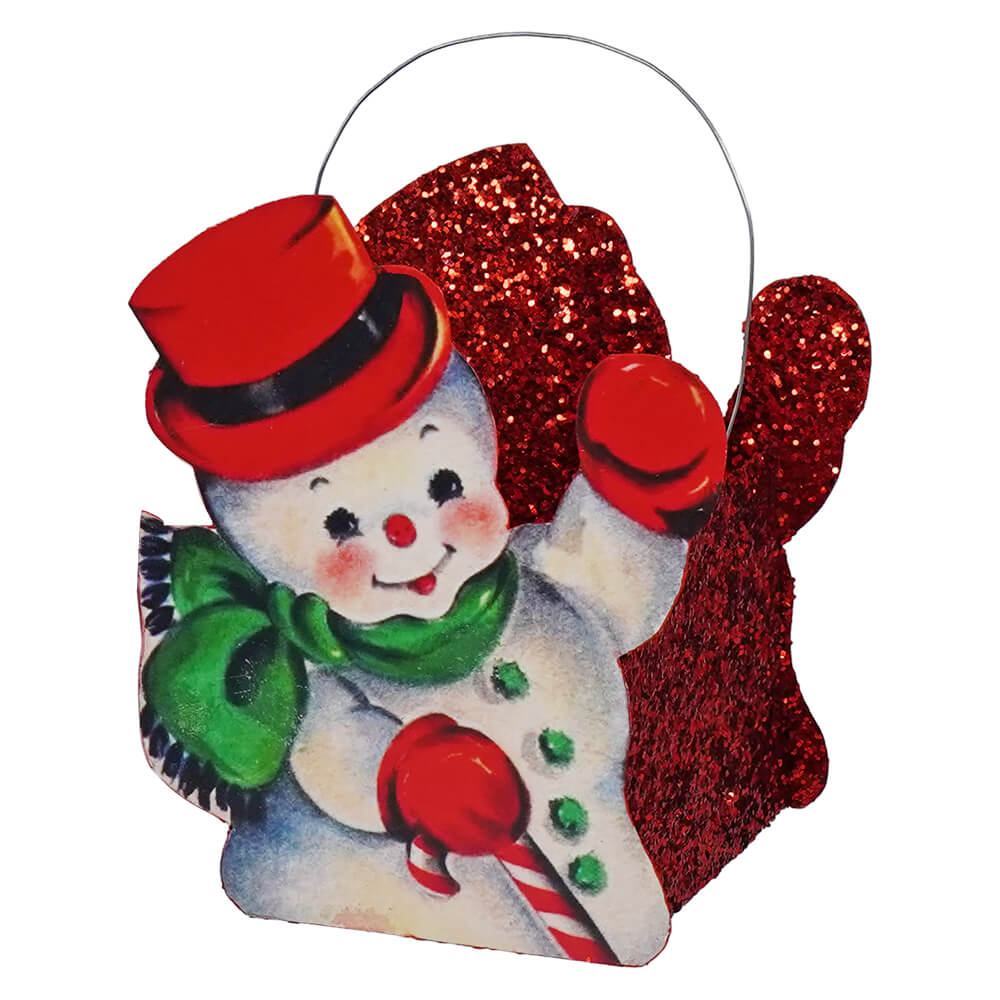 Vintage tin snowman bucket ornament in white and red perfect for christmas buckets and lanterns decor