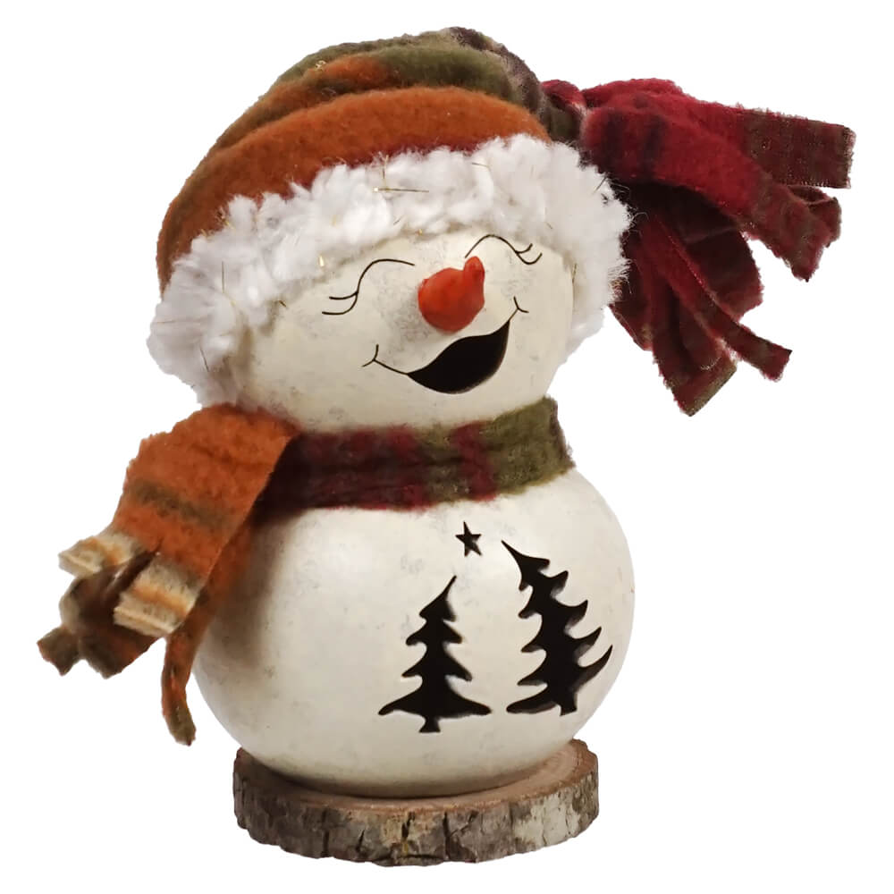 A charming tiny everleigh snow girl gourd with a red nose smiling face and cozy plaid scarf by meadowbrooke gourds