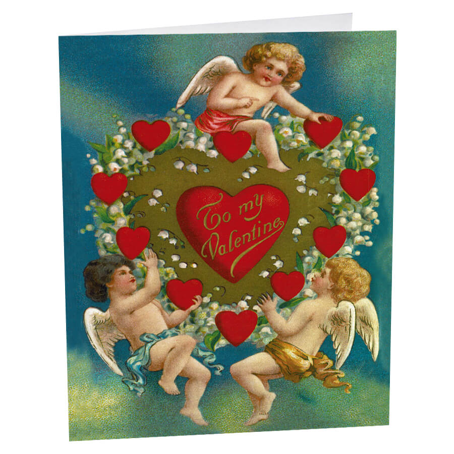 Vintage Valentine’s Day card featuring cherubs and hearts surrounding a central ’To my Valentine’ message.