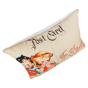 Beige vintage-style valentine pillow with retro postcard design featuring two kids and elegant script text holiday pillows