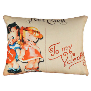 Beige valentine pillow with vintage postcard design of two children and to my valentine text perfect holiday pillows