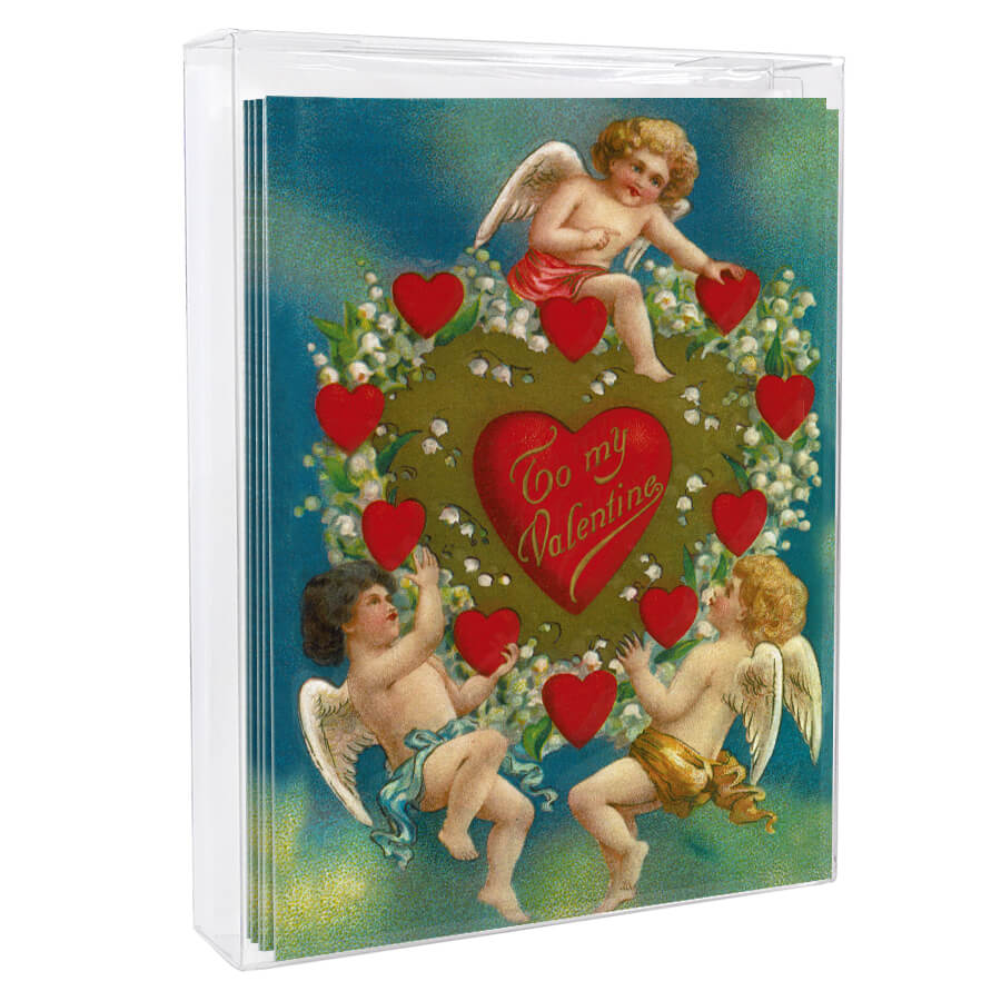 Vintage-style Valentine’s Day greeting card featuring cherubs and hearts.