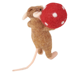 Brown felt mouse critter holding a red polka-dotted toadstool perfect as a switch mouse critter ornament