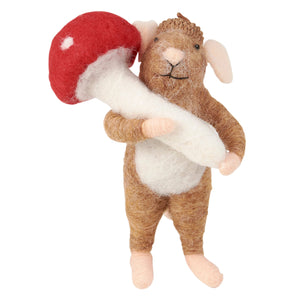 Brown felt mouse critter ornament holding a red and white toadstool mushroom perfect for witch switch decor