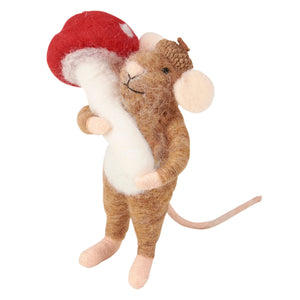 A charming brown felt mouse critter ornament holding a red and white mushroom with detailed stitching