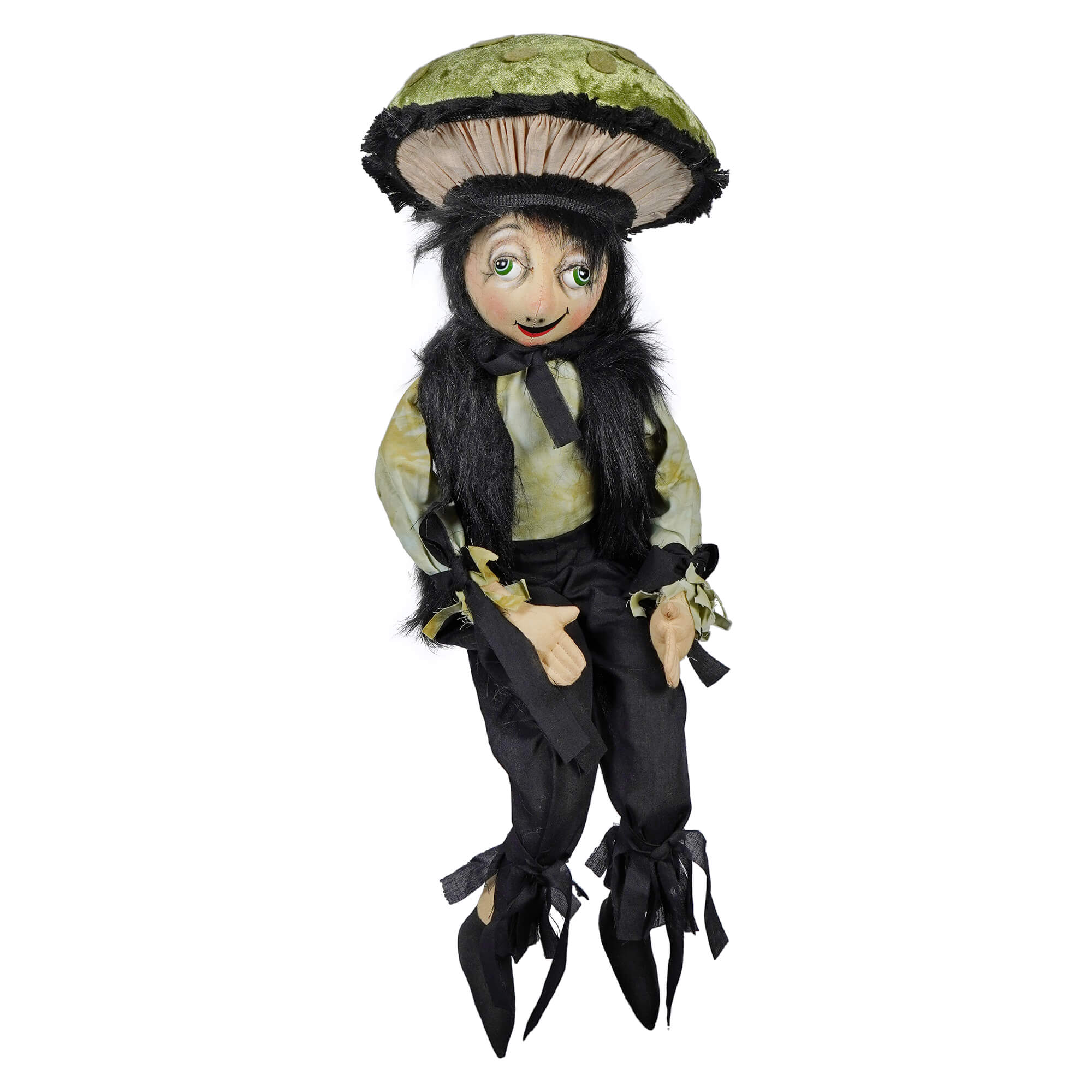 A whimsical halloween doll named tommy toadstool with green eyes black hair and a large olive-green tommys mushroom cap
