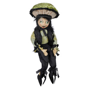 A whimsical halloween doll named tommy toadstool with green eyes black hair and a large olive-green tommys mushroom cap